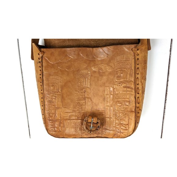 Vintage tooled embossed leather Aztec Mayan totem face shoulder crossbody purse - Picture 5 of 6